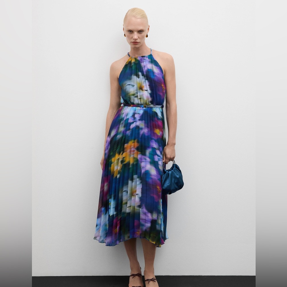 Mango Printed Pleated Midi Dress